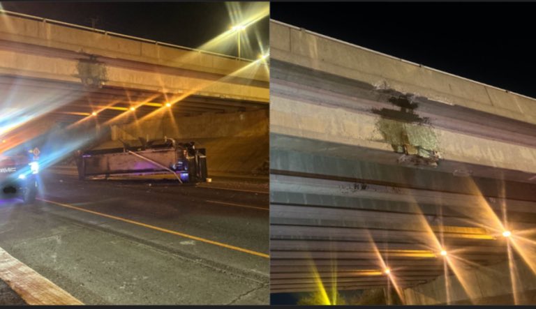 A 32-year-old Brampton man faces careless driving charges after his dump truck, with its box raised, crashed into the Langstaff Road overpass on Hwy 400 southbound, closing collectors’ lanes as inspectors check for structural damage.