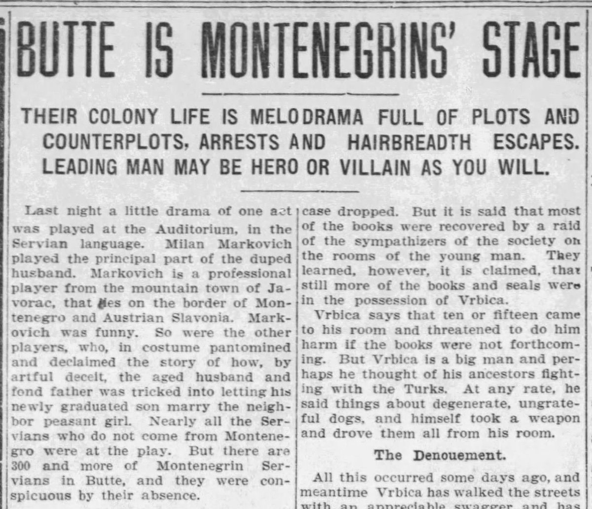 (Scroll down for English)

🇲🇪 Početkom 20. vijeka Crnogorci su činili veliki dio populacije u rudarskom gradu Bjut (Butte) u Montani. Toliko značajan, da je 1907. godine lokalni list Butte Miner objavio cijelu stranu sa naslovom “Butte is Montenegrins’ Stage”, prepoznajući