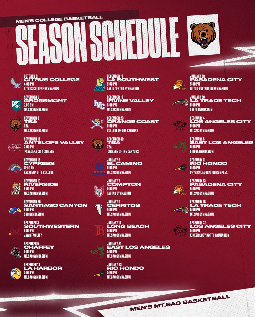 Schedule locked in 🔒
Catch the Mounties all season long 🏀

#MtSACBasketball #MtSACAthletics  #MountiePride #GoMounties