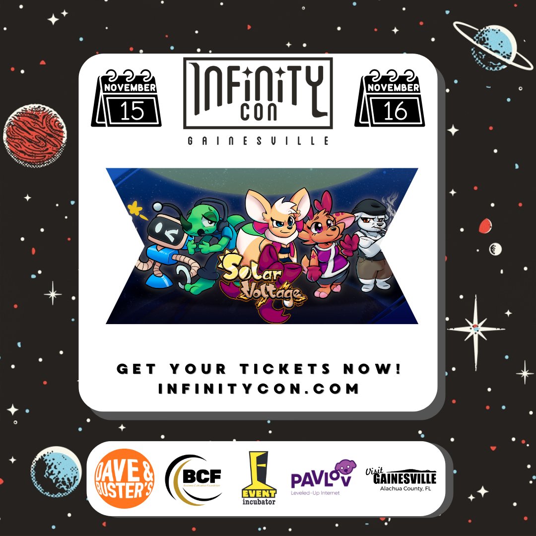 We are excited to announce Solar Voltage for our Video Game Showcase this year (thank you <a href="/SolarVoltGame/">Solar Voltage</a>)! We will be featuring several video game developers/publishers with playable games/demos for our Infinity Con Gainesville event on November 15-16 2025.
