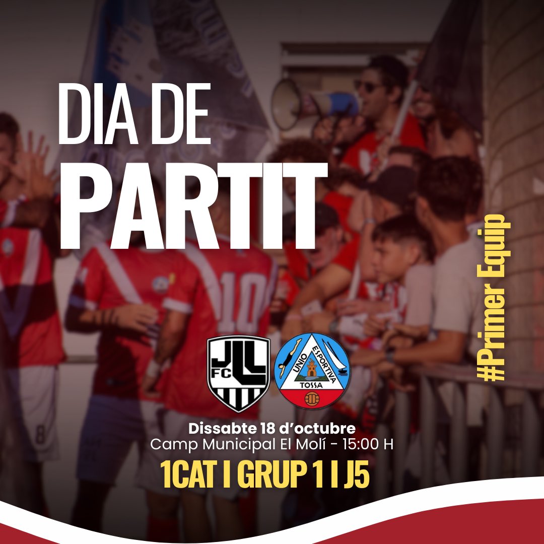 Unió Esportiva Tossa (@uetossa1922) on Twitter photo 𝗗𝗜𝗔 𝗗𝗘 𝗣𝗔𝗥𝗧𝗜𝗧 
📆 Dissabte 18/10
🏟 Camp Municipal El Molí
🆚 Juve-Lloret
🕢 15:00
⚽️ 1CAT| Grup 1 | Jornada 5 𝗗𝗜𝗔 𝗗𝗘 𝗣𝗔𝗥𝗧𝗜𝗧 
📆 Dissabte 18/10
🏟 Camp Municipal El Molí
🆚 Juve-Lloret
🕢 15:00
⚽️ 1CAT| Grup 1 | Jornada 5