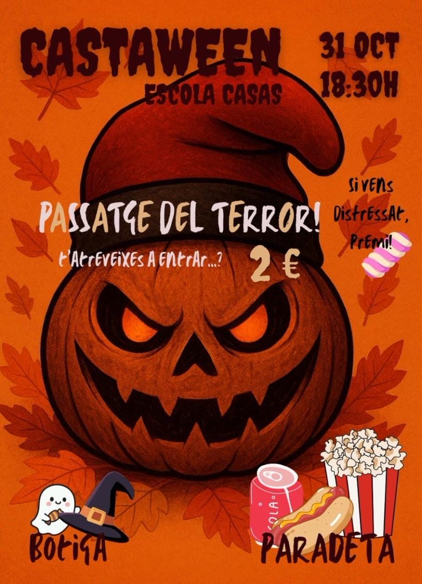 🎃 FESTA CASTAWEEN a l’Escola Casas! 👻
Els alumnes de 6è us convidem a la nostra festa CASTAWEEN, el divendres 31 d’octubre a les 18:30 h al pati de l’escola.
Hi haurà un passatge del terror (entrada 2 €) i una botiga/bar. #ElClot #Castanyada