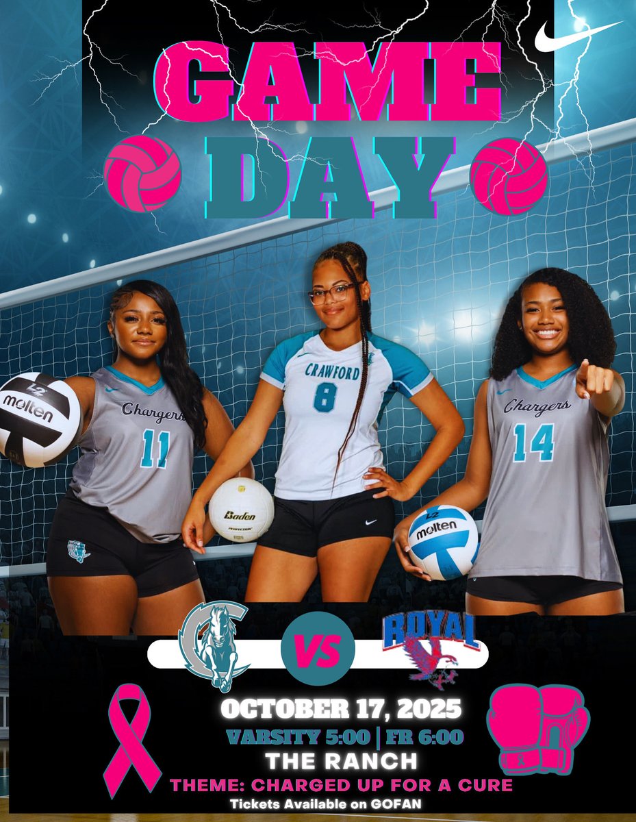 It’s Game Day Charger Fans! ⚡️🏐🐎

<a href="/ACHS_CHARGER_VB/">Crawford Volleyball</a> is back at the Ranch vs. Brookshire Royal Falcons! 🩵⚡️🏐

📍 The Ranch
🗓️ October 17, 2025
⌚️ Varsity 5:00 | FR 6:00
🎀 Theme: Charged Up For A Cure 
🎟️ gofan.co/event/3991023

<a href="/ACHS_ATHfbisd/">ACHS_Athletics</a> <a href="/ACHS_Chargers/">Almeta Crawford High School</a> 

#TrustTheProcess