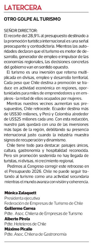 El recorte del 28,9% al presupuesto de promoción turística internacional es un error estratégico. El turismo no es un gasto; es una inversión que genera empleo, divisas y desarrollo regional.

Pedimos al Congreso corregir este retroceso en el Presupuesto 2026. 🇨🇱

<a href="/HotelerosChile/">Hoteleros de Chile</a>