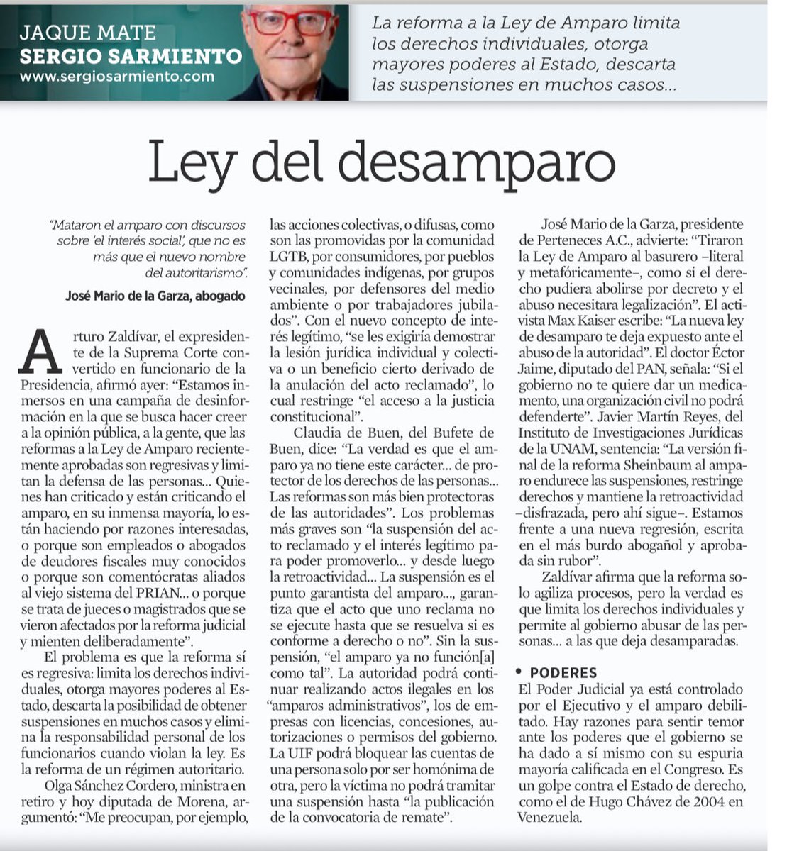 JoseMarioMX's tweet image. @SergioSarmiento lo dice con claridad brutal en su columna de hoy: estamos frente a la Ley del Desamparo. Una reforma que mutila el amparo, asfixia la suspensión y convierte el “interés social” en la coartada perfecta del poder para abusar sin límites. Se invoca la justicia para…