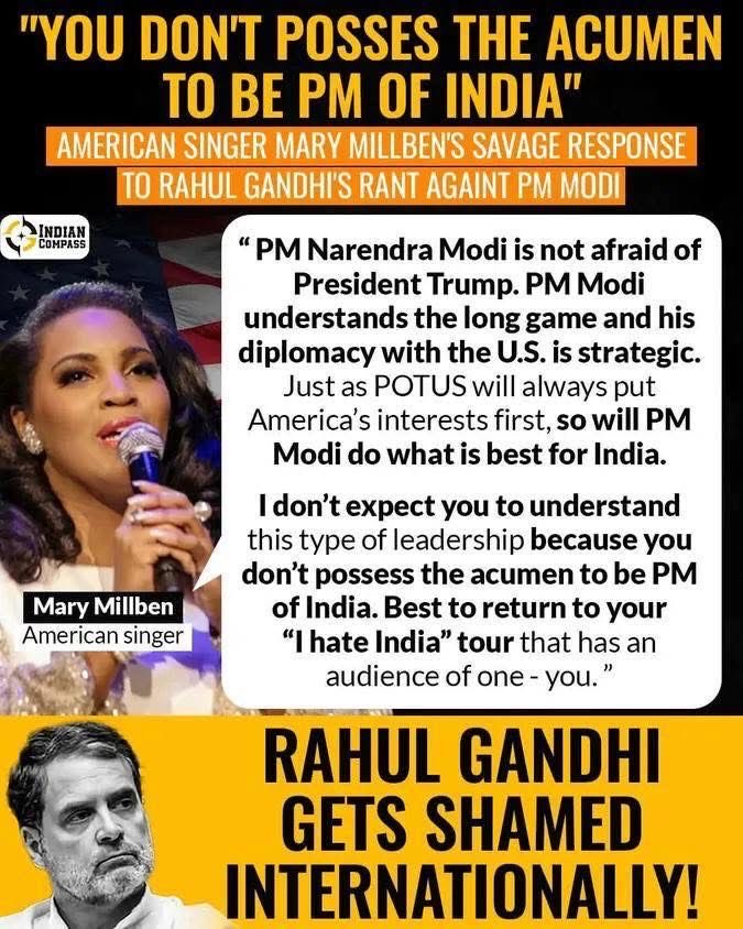 AdvShrutidesai's tweet photo. @RoshanKrRaii @kskiyer American singer Mary Millben criticized Rahul Gandhi on X, stating she doesn't expect him to understand leadership and that he does not possess the acumen to be PM of India, following his remark that PM Modi was "frightened of Trump."
#HateIndia campaigner https://t.co/OGrvVqj1d0
