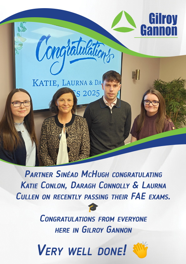 Partner Sinéad McHugh congratulating Katie Conlon, Daragh Connolly &amp; Laurna Cullen on recently passing their FAE exams. 🎓

Congratulations from everyone here in Gilroy Gannon.

Very well done! 👏