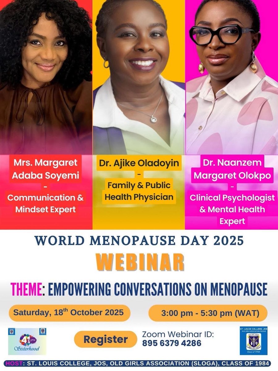 JOIN THE CONVERSATION: WORLD MENOPAUSE DAY 2025 #WMD2025 

Saturday, 18 October 2025
3:00 pm to 5:30 pm (WAT)

REGISTRATION (OPEN TO #WOMEN AND #MEN): us06web.zoom.us/webinar/regist…. 

SURVEY (FOR WOMEN ONLY): 
forms.gle/tCKqFpWL9b9ger….

We look forward to having you with us.

Best