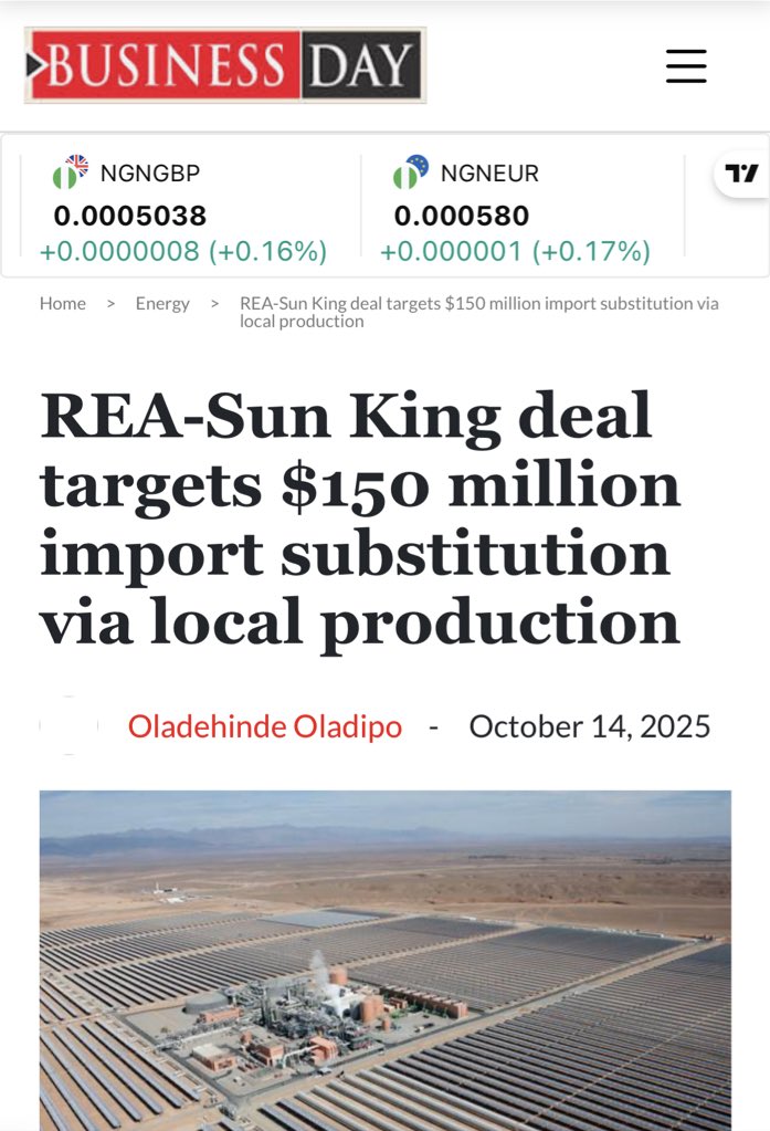 abbaaliyu_'s tweet photo. REA-Sun King deal targets $150 million import substitution via local production.

“The partnership, announced at the Nigeria Renewable Energy Innovation Forum (NREIF) in Abuja, marks a significant milestone in Nigeria’s quest to build a self-sustaining clean energy economy and reduce import dependence by as much as $150 million over the next five years.” - BUSINESS DAY 

https://t.co/PXlI836YJ1