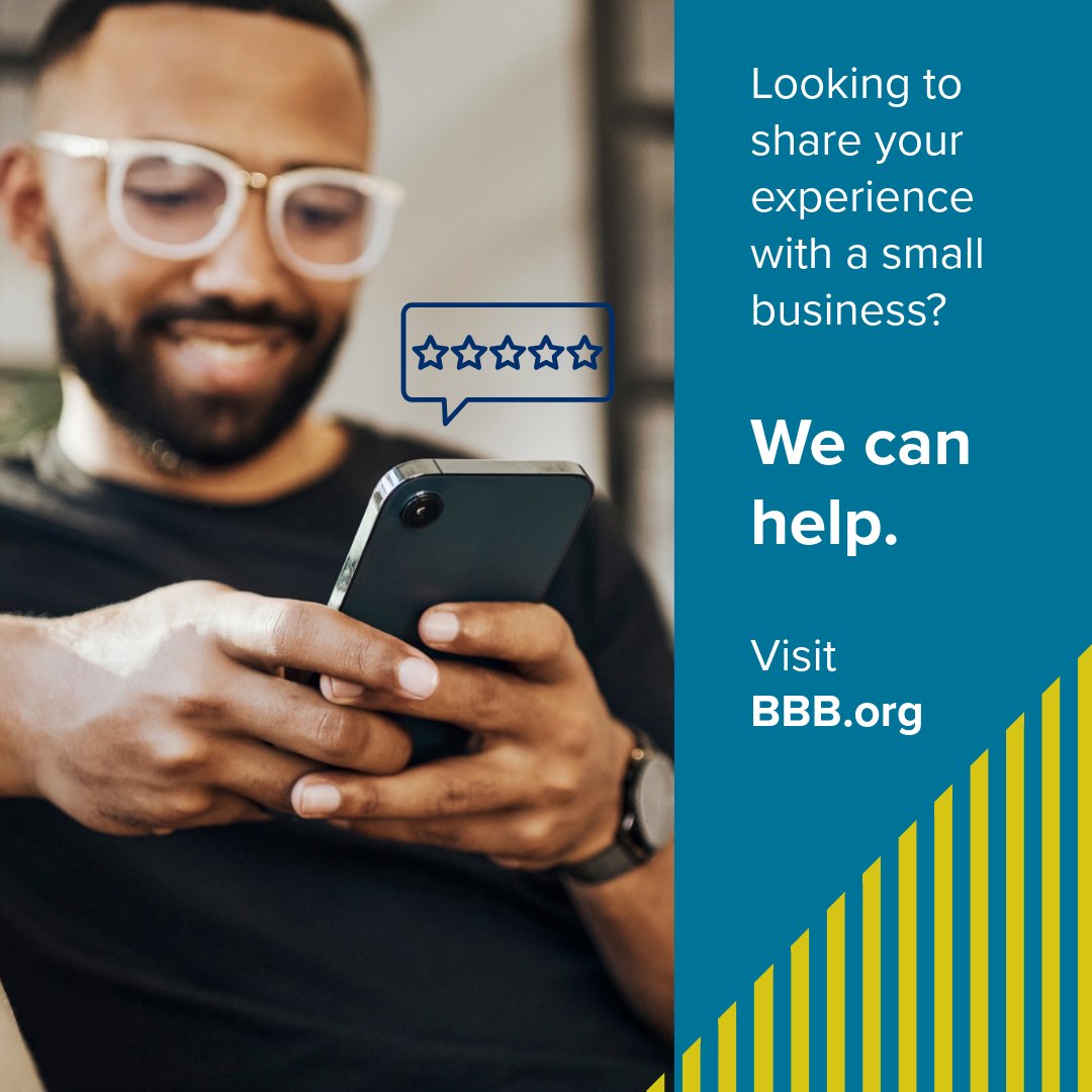 💭Sharing your experience with a small business can help customers make informed decisions and can also help businesses grow. If you’re looking to leave a review, BBB can help!

🔗Leave a review: zurl.co/RCgzz 

#customerreviews #smallbusiness #businessgrowth #BBB