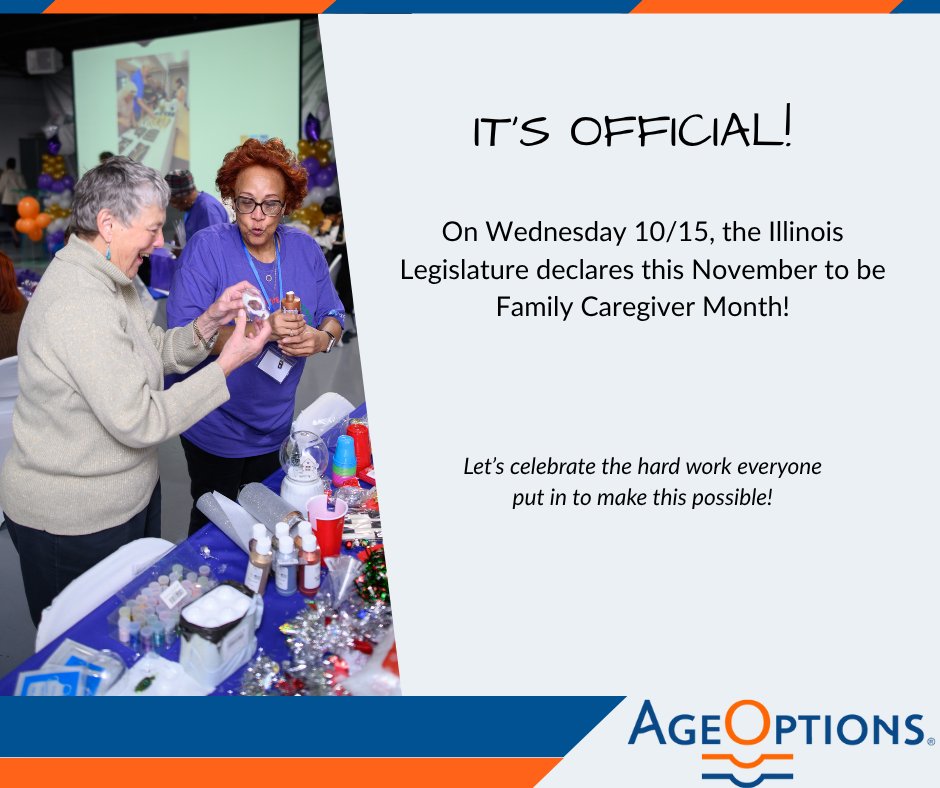 We’re grateful to the Illinois Legislature for declaring November 2025 as Family Caregiver Month in Illinois! Family caregivers make an incredible difference every day in our communities. 

Join our caregiver eLearning and Online Community at  ageoptions-caregivers.com
