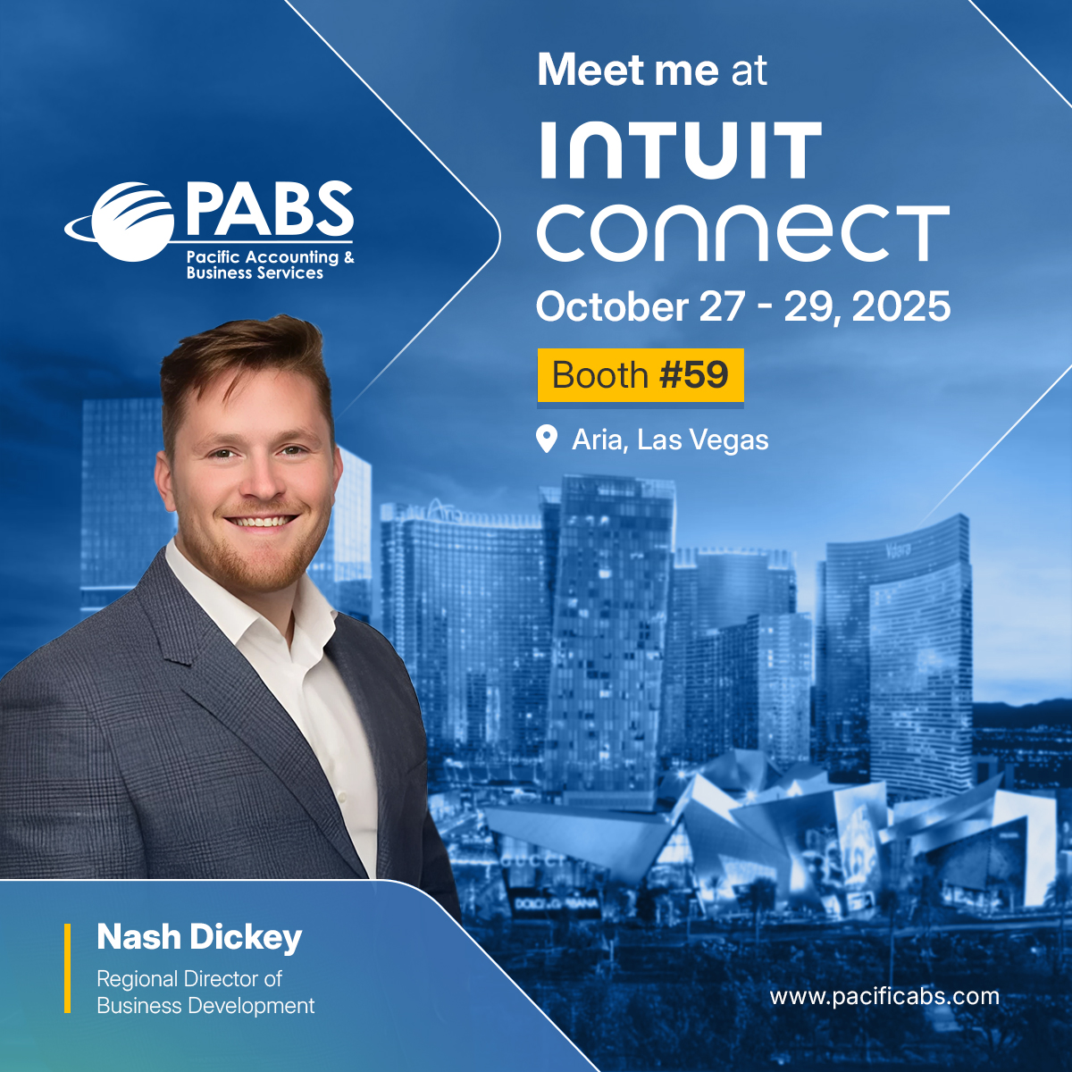 PacificABS's tweet image. Meet Nash Dickey, at Intuit Connect 2025. 

Nash brings years of experience helping firms streamline operations and scale efficiently. Stop by to explore how we can support your journey. 

📅October 27–29, 2025
📍Booth #59, ARIA, Las Vegas

#IntuitConnect2025 #AccountingSolutions