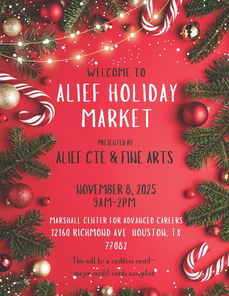 Join us for the Alief Holiday Market on Saturday, November 8th, from 9 a.m. to 2 p.m. at the Marshall Center for Advanced Careers. Discover a variety of gifts, savor tasty treats, and enjoy plenty of holiday performances by our talented students. We hope to see you there!