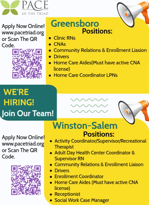 PaceTriad's tweet photo. Do you love and have experience working with older adults? @PaceTriad  is hiring for our Greensboro and Winston-Salem locations. https://t.co/1wUCuCEpkZ