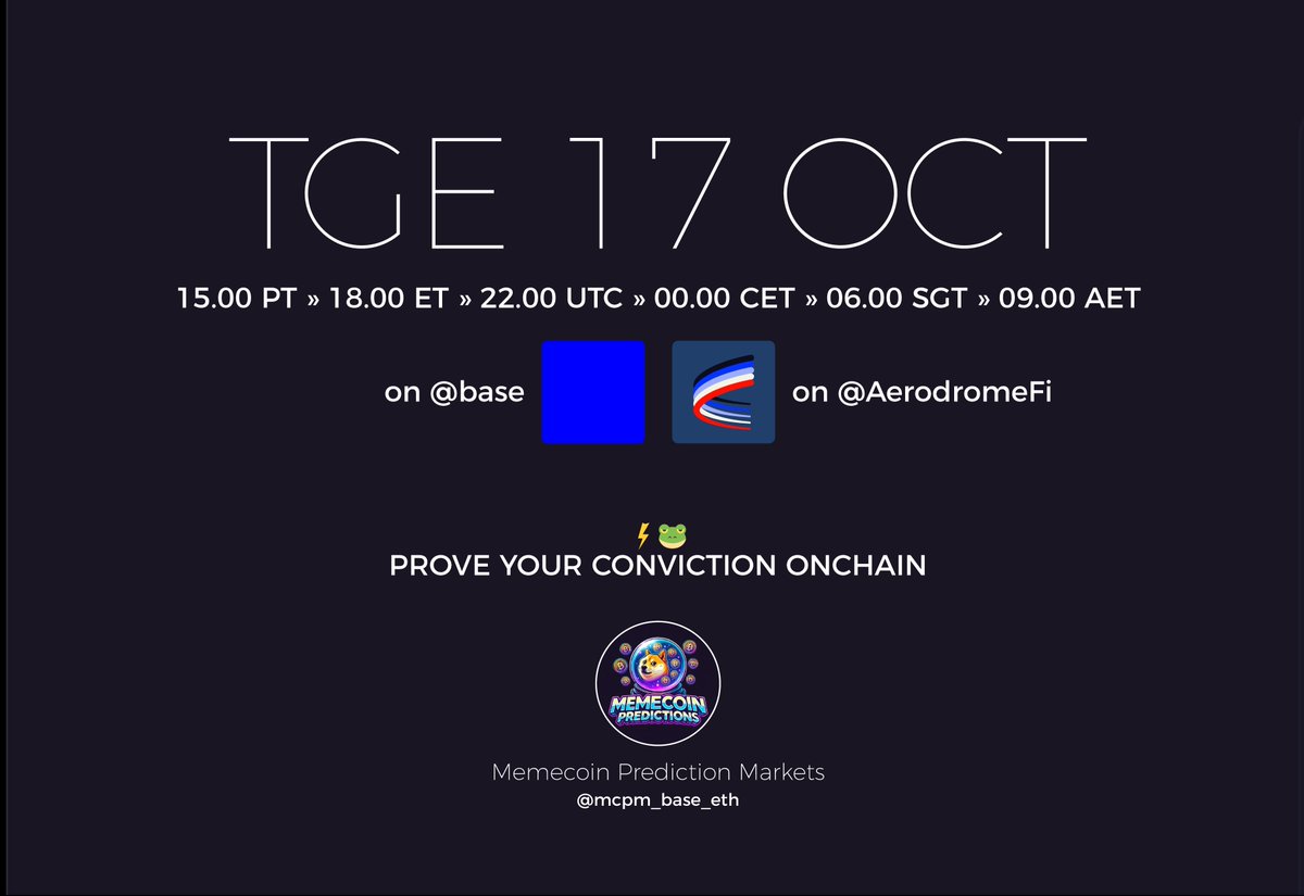 mcpm_base_eth's tweet image. It’s time. ⏳

After 8 months of building through the chop – conviction finally goes live.

Memes become markets.
Belief becomes measurable.

TGE today – 22:00 UTC
on @base ⚡ on @AerodromeFi 🌀

Prove your conviction onchain. 🐸