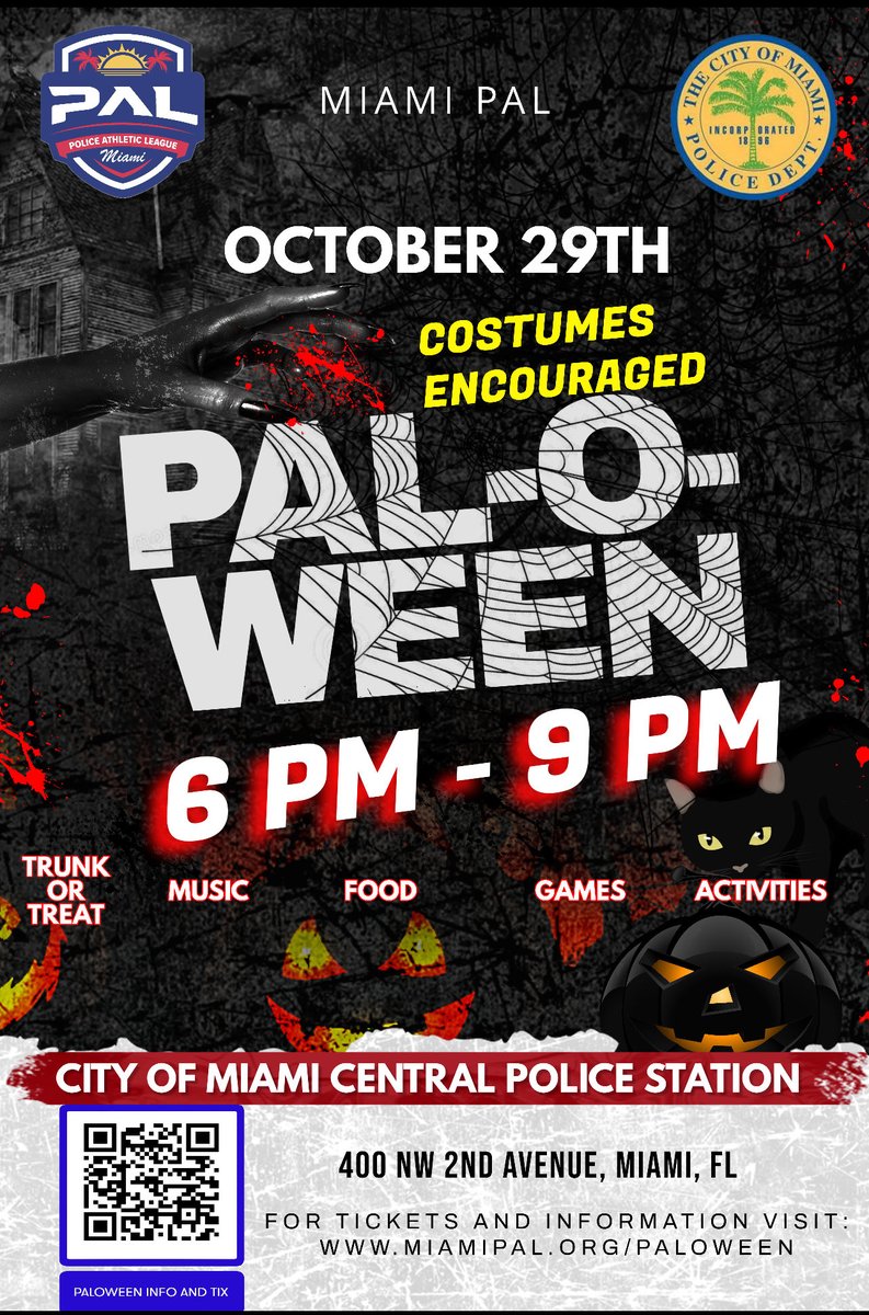 👻 Get ready for a spooktacular time! Join us for PAL-O-WEEN on October 29th from 6 PM - 9 PM at the City of Miami Central Police Station! Don't miss out on the fun! 🎃

📍 400 NW 2nd Avenue, Miami, FL
🔗 Grab your tickets and info at miamipal.org/paloween