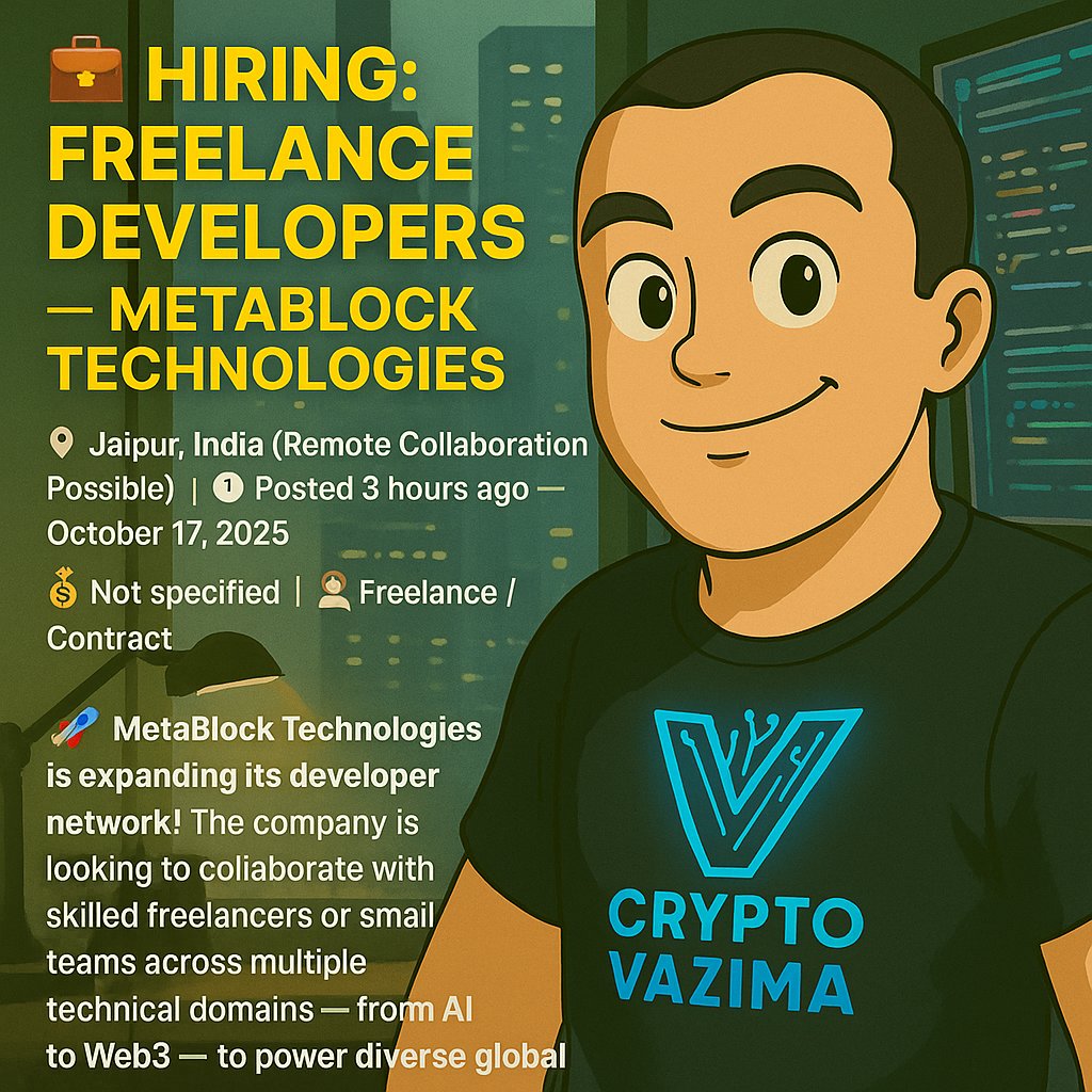 crypto_vazima's tweet image. 💼 Hiring: Freelance Developers — MetaBlock Technologies
📍 Jaipur, India (Remote-friendly) | 💼 Freelance / Contract | 🧑💻 Multi-domain Tech Collaboration
🚀 MetaBlock Technologies is expanding its developer network — looking for freelancers or small teams in:
💻 Web & Mobile…