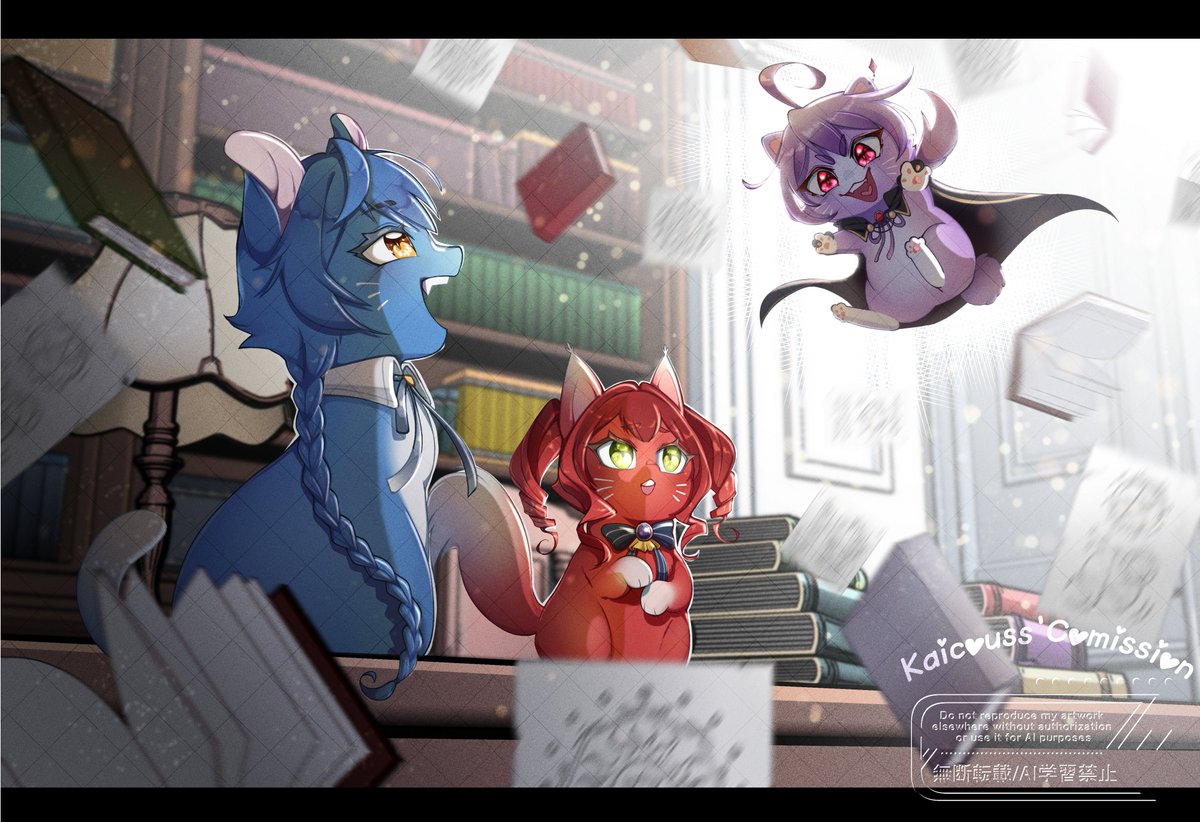 Kaicouss's tweet photo. 2nd Ko-Fi's cat comission!!  

Three Cats, One Library, and Total Mayhem
OC by @JJbinx_ 

#Kofi #artcomission #Cat https://t.co/PFBpFPSRj3