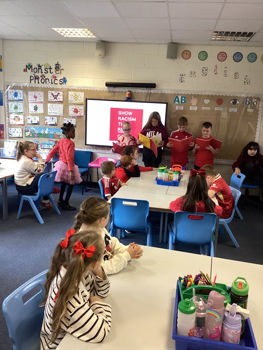 2B had some of our lovely children from year 6 come and read some of their writing work they had done today to show racism the red card 🛑