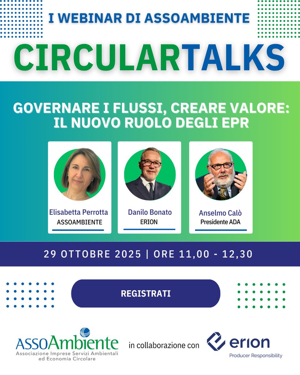 📌 Save the date 29 ottobre | ore 11:00 - 12:30
Circular Talk Assoambiente in collaborazione con <a href="/ErionSistema/">Erion</a> “Governare i flussi, creare valore: il nuovo ruolo degli EPR”
Dalla compliance alla circolarità: come i Sistemi EPR possono abilitare efficienza, tracciabilità e