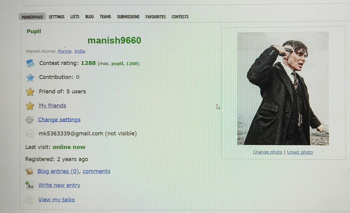 ManishK28883117's tweet image. One year of grinding on #Codeforces 556 problems solved Contest Rating: 1288 (Pupil).
It's not about speed, it's about consistency. Next goal - Specialist #CompetitiveProgramming #CodeforcesJourney #KeepCoding