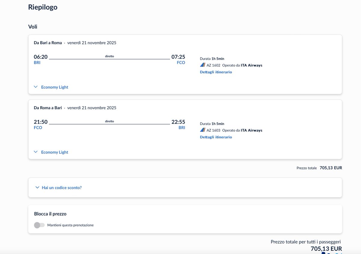 Complimenti a ITA per il prezzo dei voli Bari -Roma. In economy, per 50 minuti di viaggio, acquistando il biglietto un mese prima, nel complesso, andata e ritorno, solo 705,13 euro! veramente conveniente. in Italia ci si può proprio spostare agevolmente !