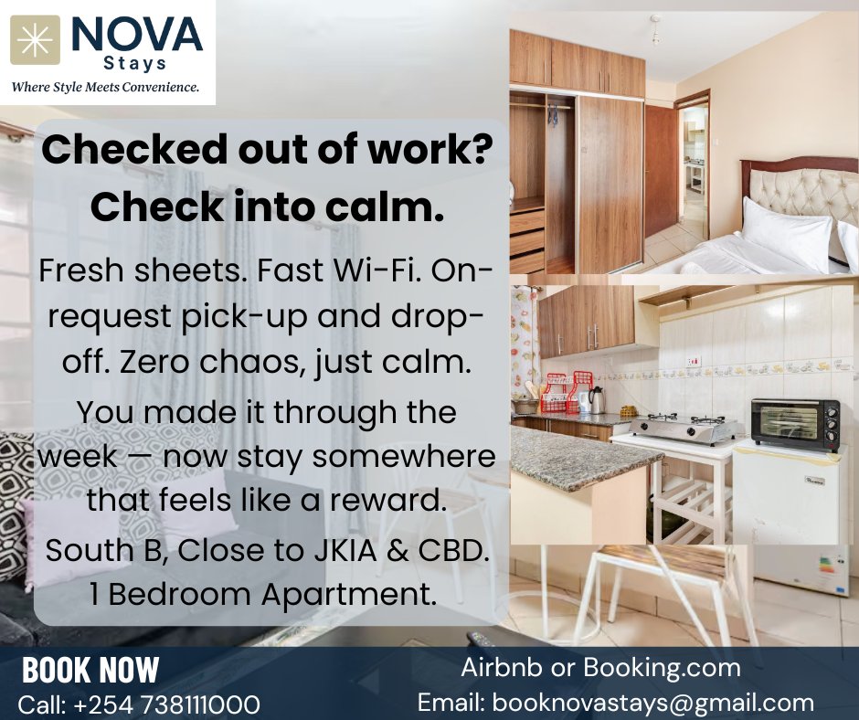 nova_stays's tweet image. Long weekend vibes! Crushed the week?  Check into calm at NOVA Stays! Our 1-bedroom apartment in South B is your retreat. Relax, recharge, unwind! 📞 +254 738 111 000 | booknovastays@gmail.com #Airbnb #LongWeekendVibes #SouthBRetreat #RelaxationMode #WeekendGetawayKE #SouthB