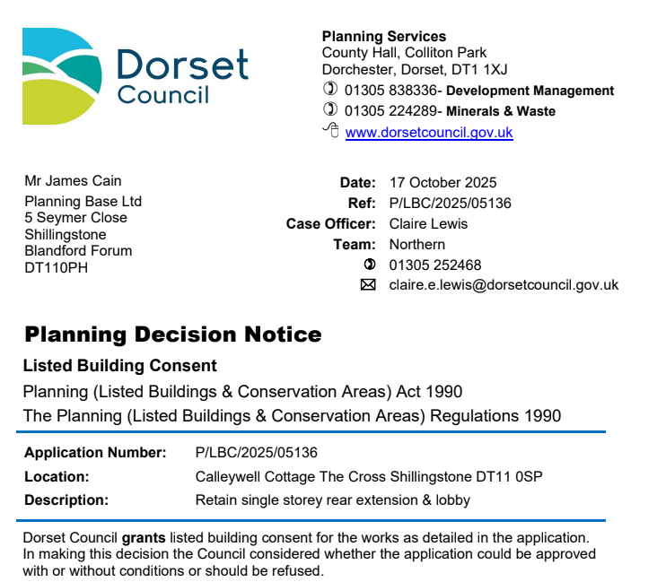 PlanningBase's tweet image. @planningbase obtain retrospective planning and listed building consent for extensions at Grade II listed property in #Shillingstone. Robust heritage justification provided ensured that permission was given with no planning conditions to discharge #dorsetplanning #listedplanning