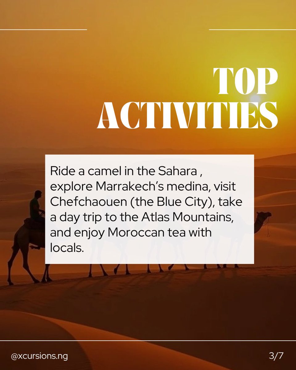 xcursions_ng's tweet photo. Know this before you book a trip to Morocco!

Before you pack your bags, here’s what you should know 👇
✨ Nigerians need a Moroccan visa — processing takes about 10–15 working days. (Delays can happen if documents are missing or not properly filled. ) https://t.co/NlMQboX3kU