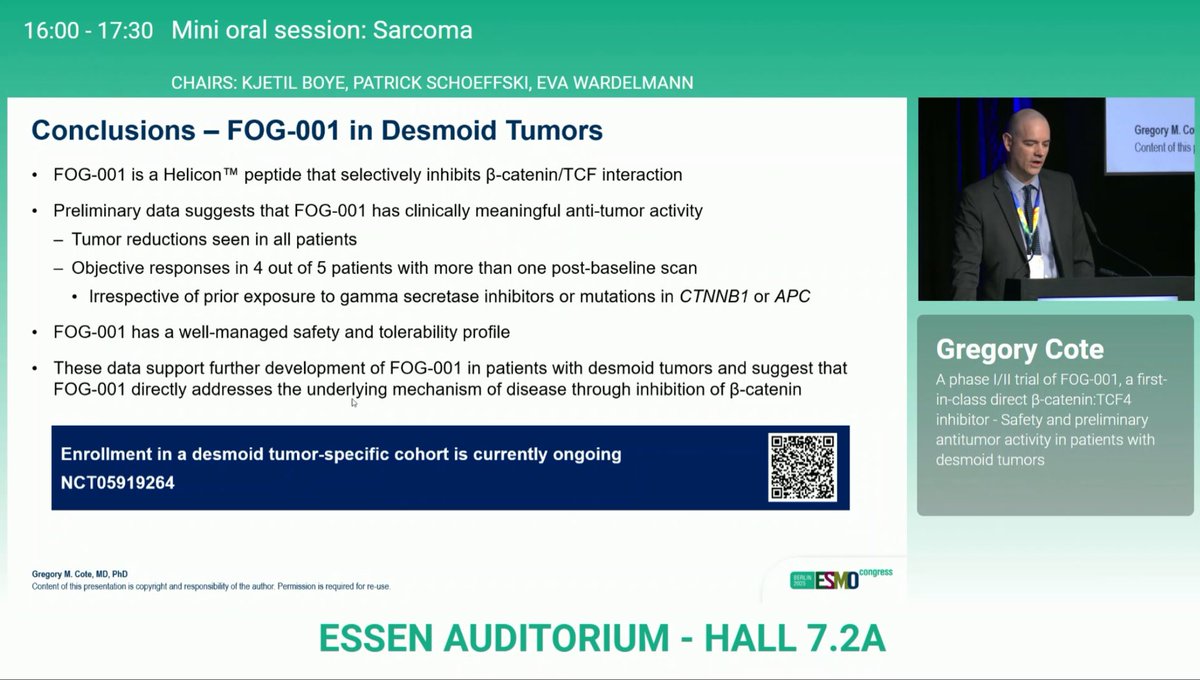 DraMartinezLago's tweet photo. 🔹 #ESMO25 | #Sarcomas
Ph I/II | FOG-001 (β-cat:TCF4 inh) in desmoid tumors
🧩 All pts: tumor reduction
🧩 ORR 80% (4/5 pts, >1 post-baseline scan)
🧩 DCR 100%
⚕️ Well-tol | No ≥G3 tox at active doses
💡 FOG-001 targets Wnt pathway — promising strategy https://t.co/Gp5NLf7plt