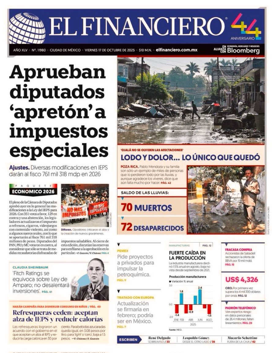 LitzianPineda's tweet photo. #PrimerasPlanas nacionales este #17DeOctubre de 2025

📰 Podrán expropiar plantas de energía

📰 Reprobados, alumnos en matemáticas y lenguaje 

📰 Aprueban diputados “apretón” a impuestos especiales

📰 Trump “no tolerará más” a Maduro, advierte la Casa Blanca

#FelizViernes ☕️ https://t.co/pHAmVgCgIu