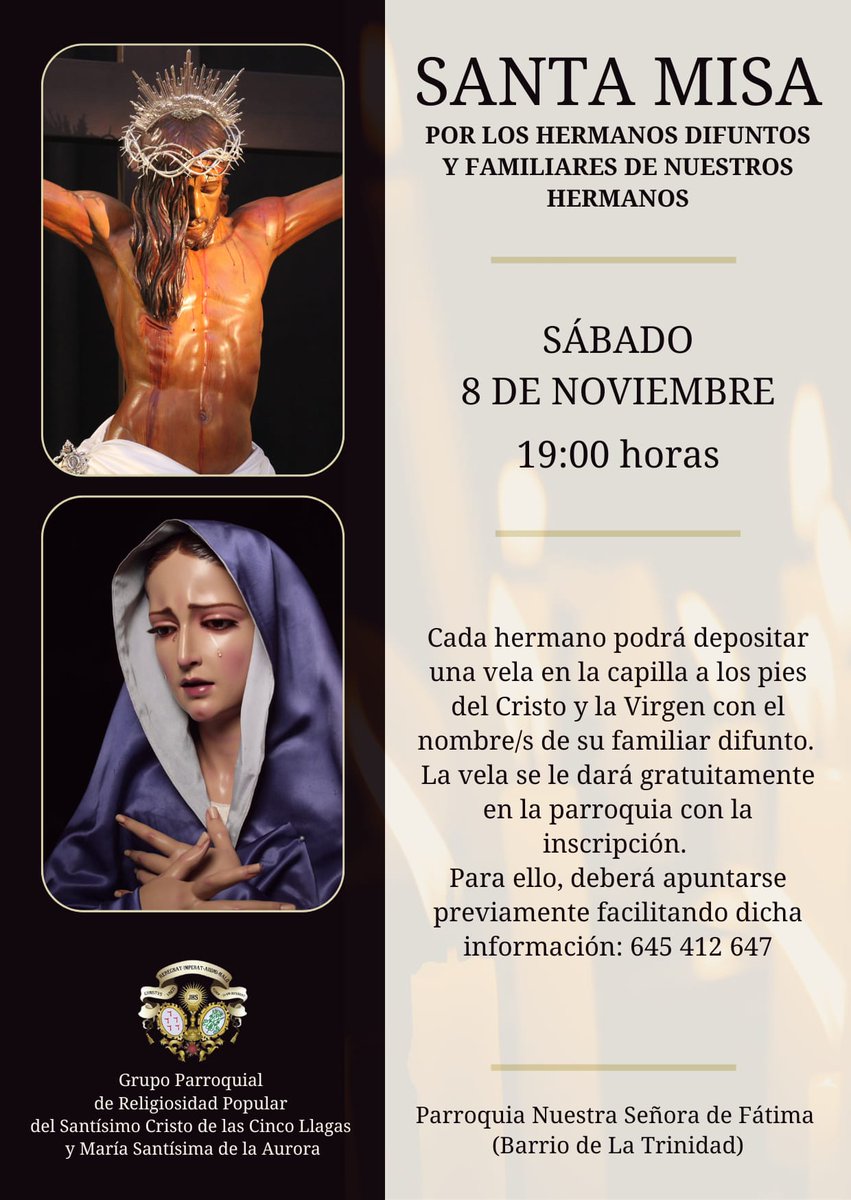 5Ll_Aurora's tweet image. En nuestra parroquia de Fátima tendrá lugar el día 8 de noviembre una misa de Difuntos en honor a los familiares de nuestros hermanos, que nos dejaron para estar junto a nuestra Madre y su Hijo.

#5llagasyaurora⚓
#estrelladelamañana
#auroratrinitaria
#CofradiasMLG