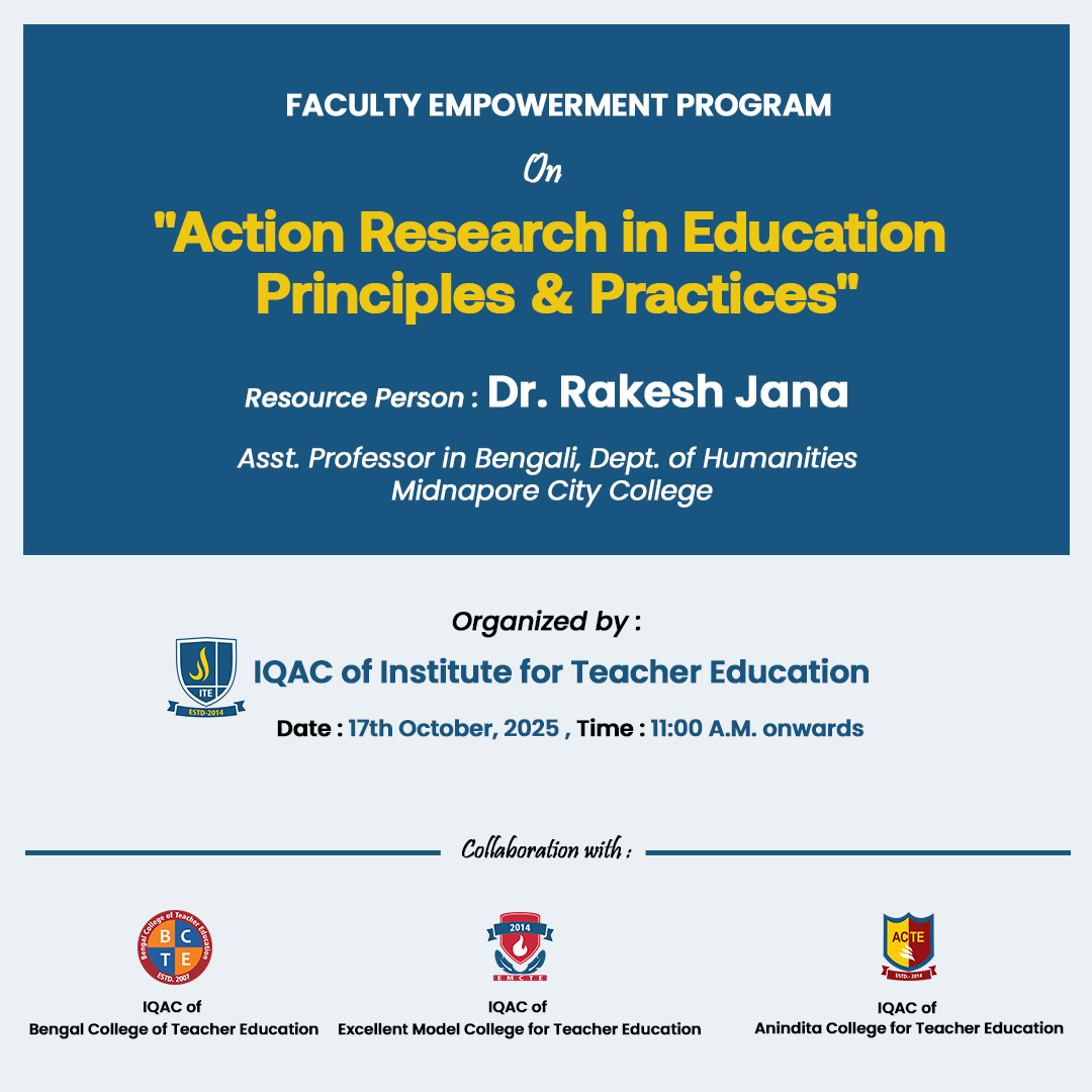 gopsai_online's tweet image. FACULTY EMPOWERMENT PROGRAM on ACTION RESEARCH IN EDUCATION PRINCIPLES & PRACTICES in Collaboration with
Anindita College for Teacher Education,
Bengal College of Teacher Education,
Excellent Model College for Teacher Education .
#FacultyDevelopment#faculty #empowerment #program