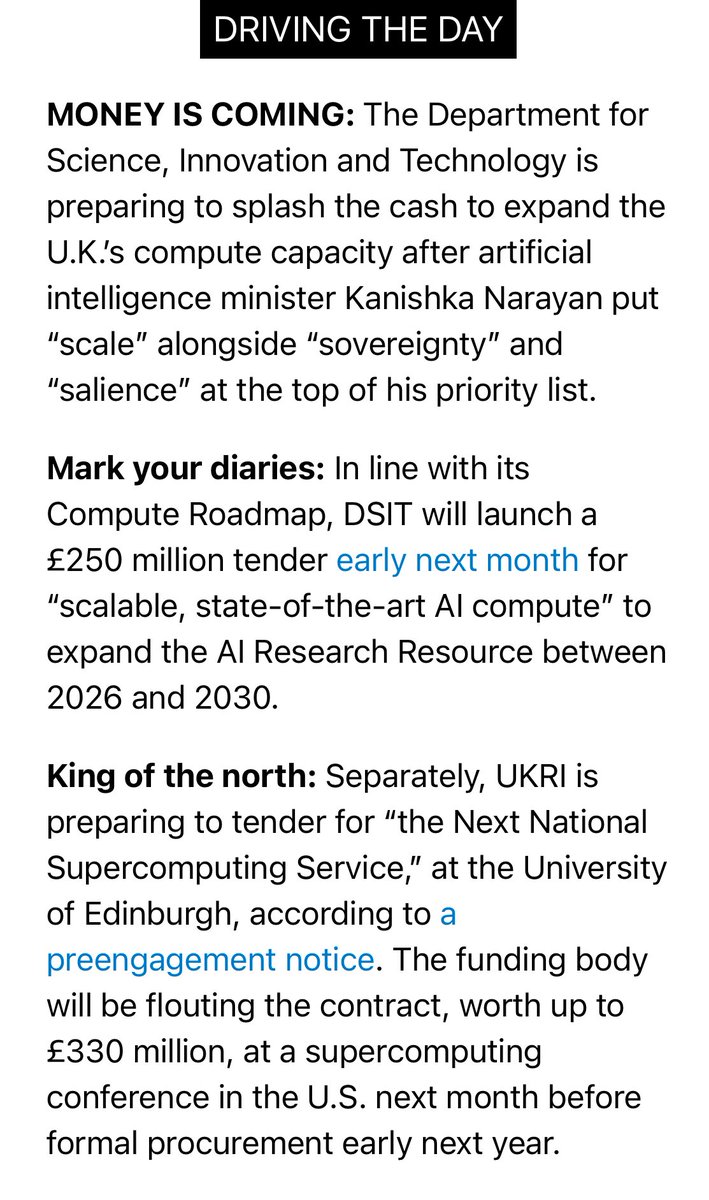 After some time off, I was back in today’s POLITICO Morning Technology UK to highlight how money to scale the UK’s public compute is on its way…

But subscribers will have learned that it’s not all smooth sailing behind the scenes.
