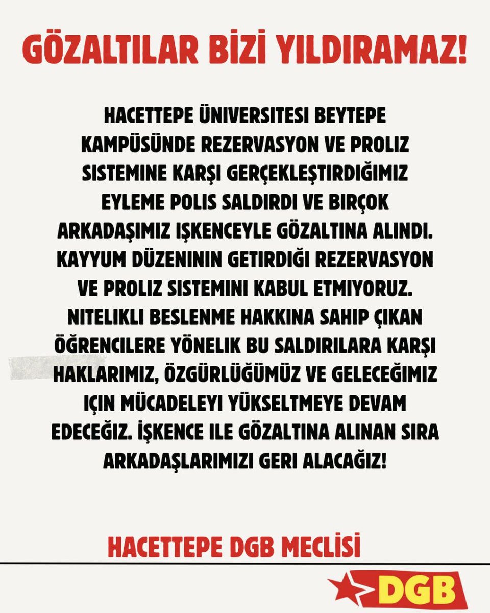 arsivdgb2's tweet photo. GÖZALTILAR BİZİ YILDIRAMAZ!
Hacettepe DGB Meclisi olarak bugün yaşanan gözaltılara dair açıklamamız: https://t.co/qYORhDXW0R