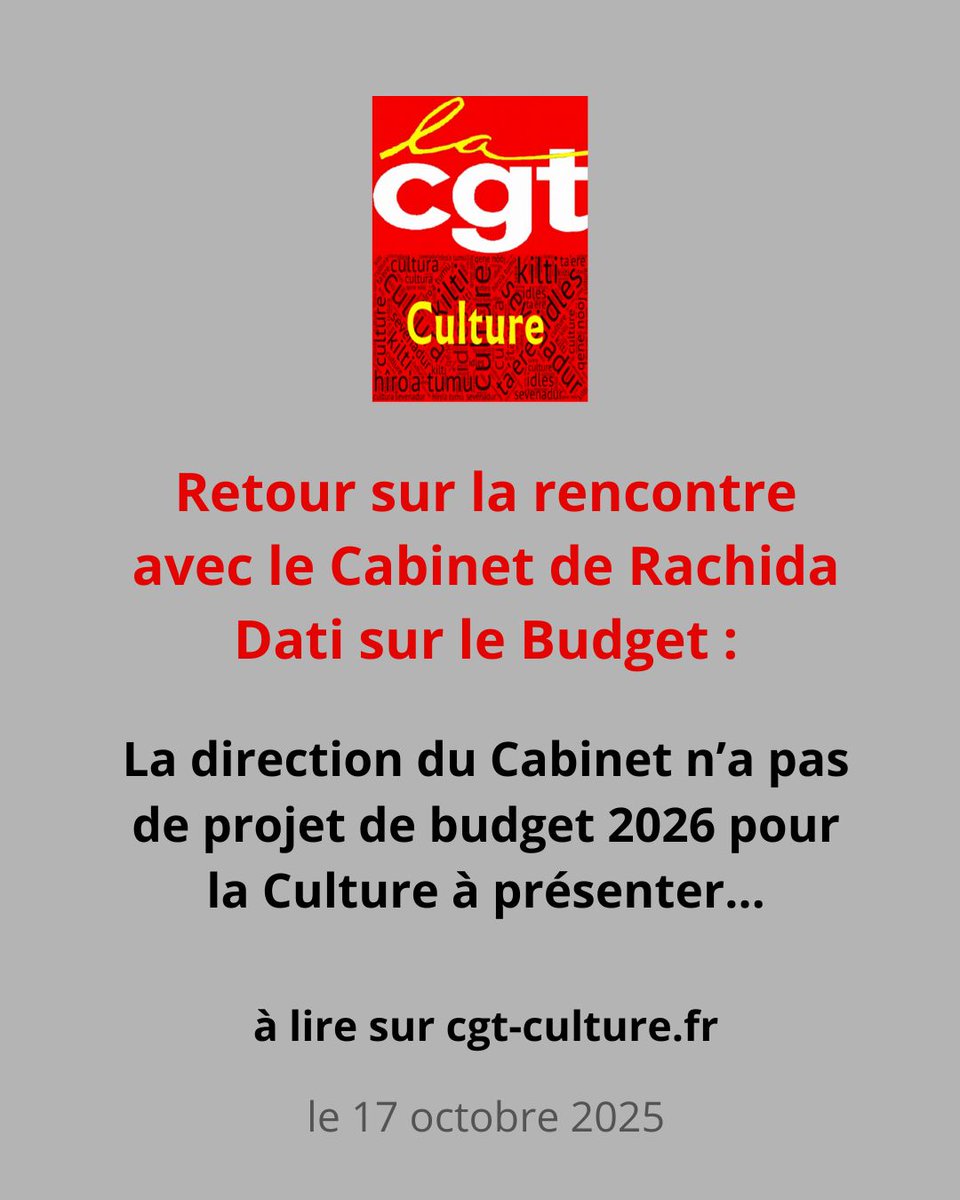 cgt_culture's tweet photo. Retour sur la rencontre avec le Cabinet de @datirachida  sur le Budget : la direction du Cabinet n’a pas de projet de budget 2026 pour la Culture à présenter…
https://t.co/WAhSLR0OAe https://t.co/As63IRErDs