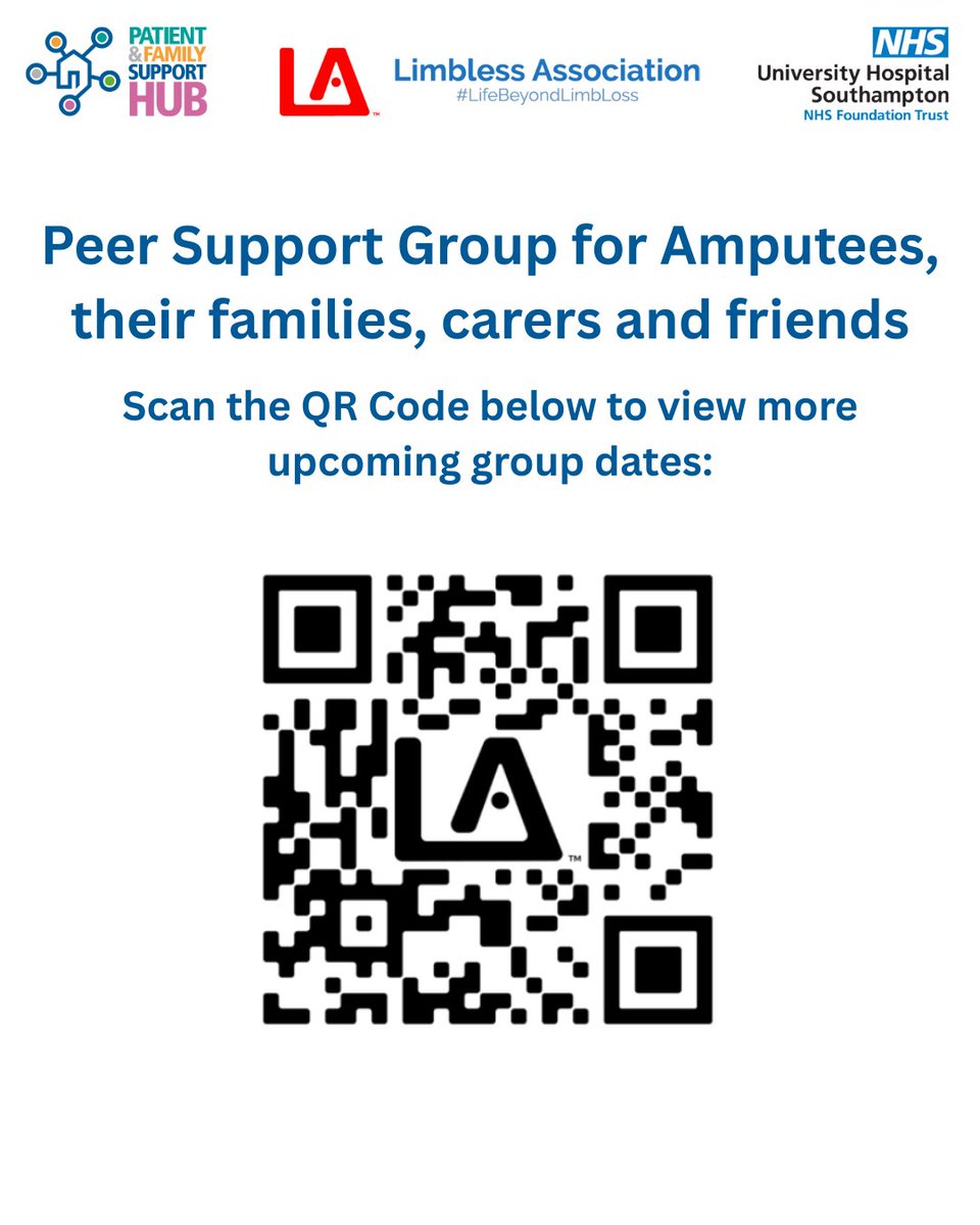 This Thursday 23rd October 1pm-3pm, the <a href="/limblessassoc/">Limbless Association</a> will be hosting their first peer support group in the Patient and Family Support Hub, open to amputees, their families, carers and friends. Please see below for more information, or scan the QR code for more dates👇❤