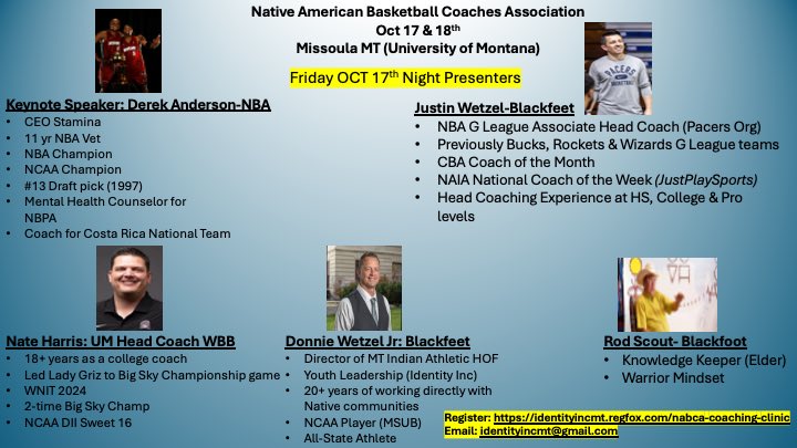 NativeCoaches's tweet photo. Our clinic begins today in Missoula on the campus to University of Montana!!Here is our speaker lineup for tonight. https://t.co/JXyxLg0Pue