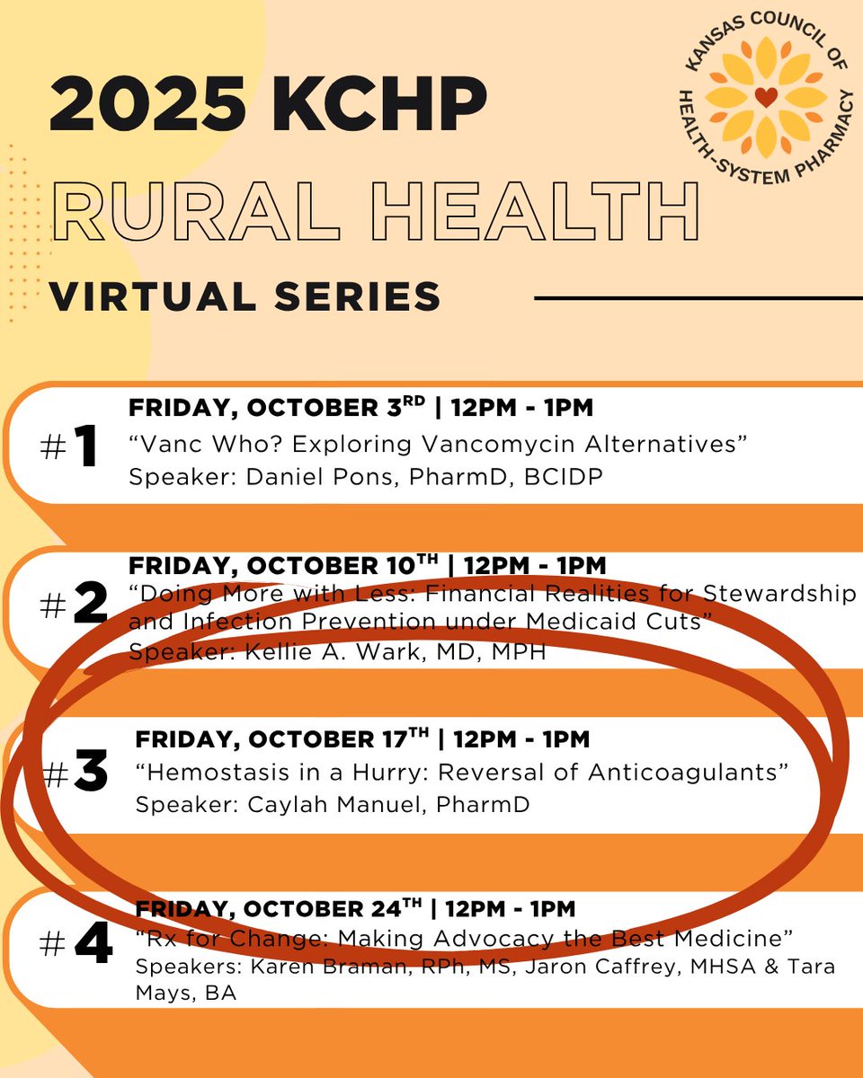 kchponline's tweet image. ⏰ Almost time to get logged in for today's learning event!

💉 “Hemostasis in a Hurry: Reversal of Anticoagulants” with Caylah Manuel, PharmD
🗓 Today | 12:00–1:00 PM
💻 Virtual Event

Details here ➭➭ kchponline.org/event-6332469

#KCHP #KansasPharmacy