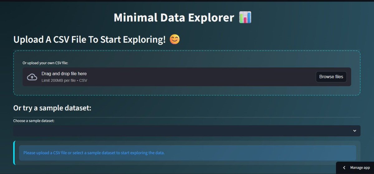 OmCodex_tweets's tweet image. Hello there 👋🏻 take a look:
> so yes chat I have launched my Mini Data Explorer📊 for Data analysis 
> Just try it and provide ur valuable feedback
> does it even help u in Data Analysis?
> gimme ur suggestions and the user experience 
minimal-data-explorer.streamlit.app
Try it!!! ✌🏻