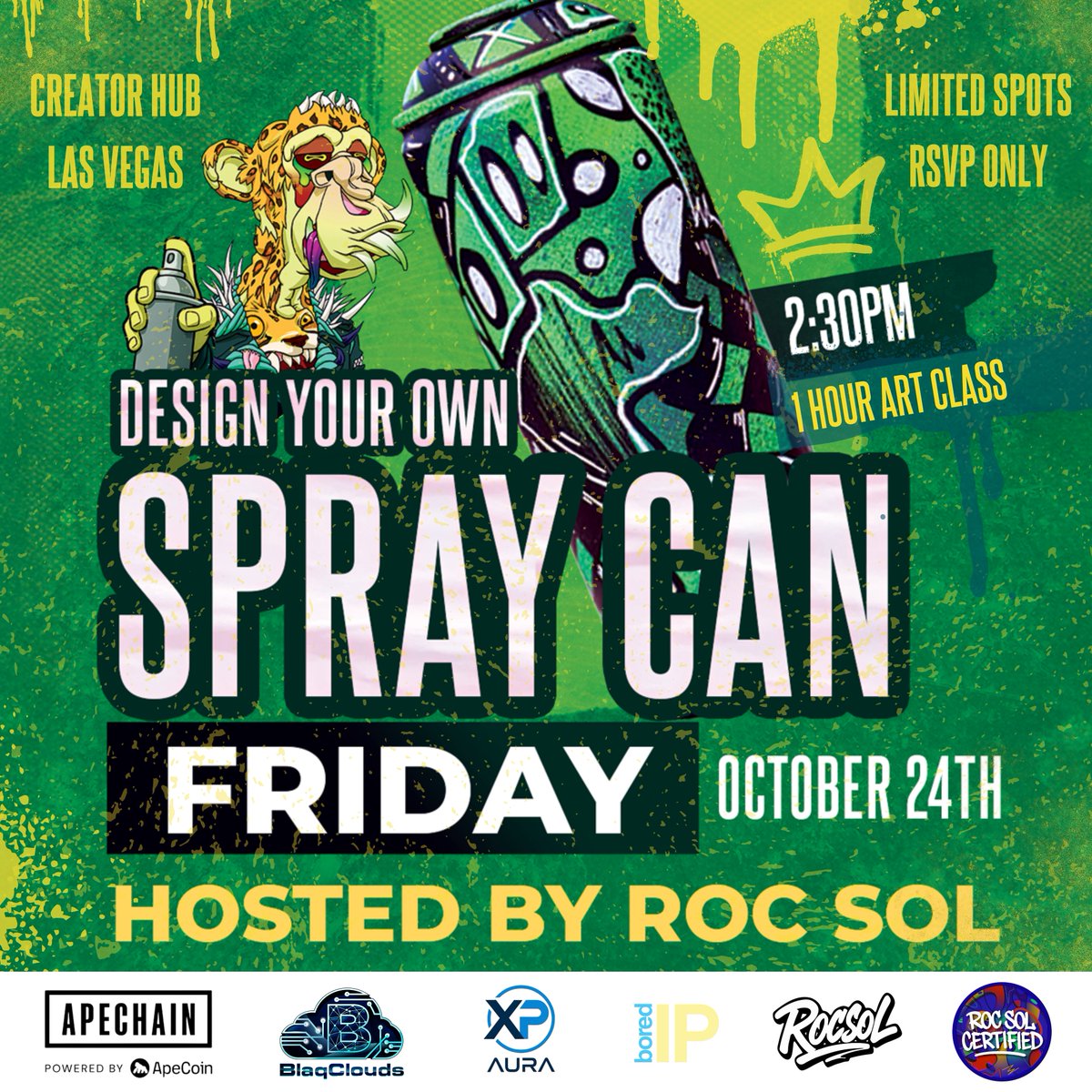 Roc Sol π¨π¨π»βπ¨ (@rocsolmiami) on Twitter photo GM fam! I have a special surprise: In partnership with <a href="/NFThoarder888/">Hoarder</a> and The Creator Hub, I am excited to announce I will be hosting a 1 hour art class where youβll design and customize your own spray can before ApeFest begins! 
ποΈ Friday, October 24th | 2:30β3:30 PM
π Ape GM fam! I have a special surprise: In partnership with <a href="/NFThoarder888/">Hoarder</a> and The Creator Hub, I am excited to announce I will be hosting a 1 hour art class where youβll design and customize your own spray can before ApeFest begins! 
ποΈ Friday, October 24th | 2:30β3:30 PM
π Ape