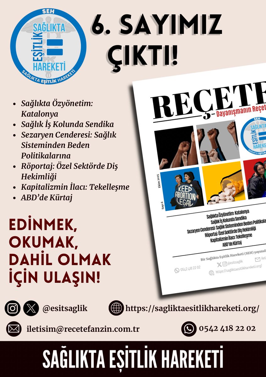 esitsaglik's tweet photo. Reçete’nin altıncı sayısı çıktı! 🚩
Edinmek, okumak, dahil olmak için:
Instagram/X: @esitsaglik 
WhatsApp: 0542 418 22 02
e-posta: iletisim@recetefanzin.com.tr https://t.co/IrtQaOOmiU