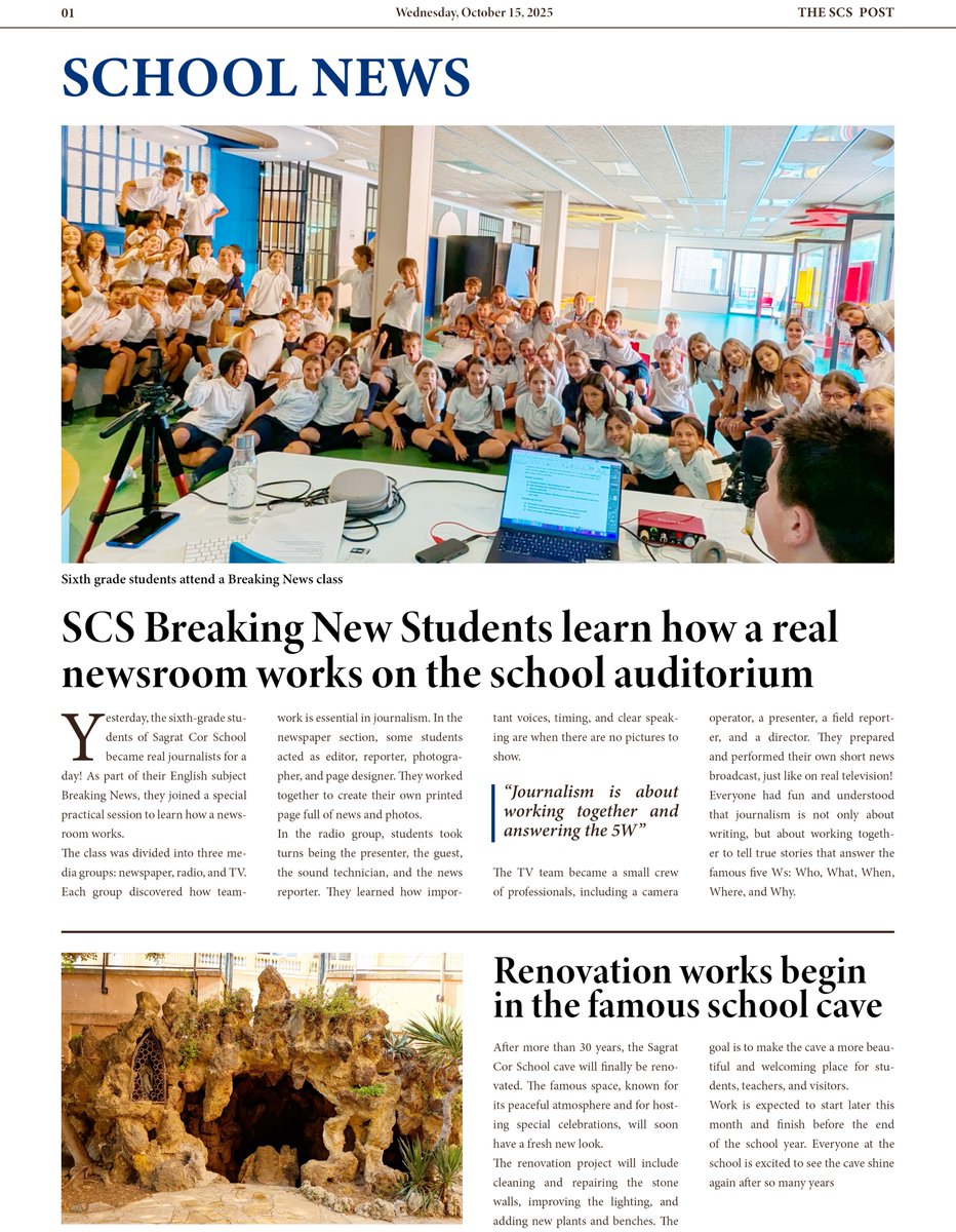 SagratCorSarria's tweet image. Discovering the world of journalism!
6th graders explore how media works through our Breaking News project. 🎙️📺📰
#SagratCorSarria #EnglishProject