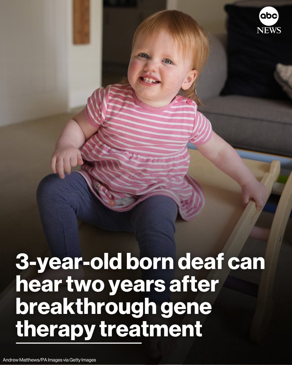 ABC's tweet image. A 3-year-old girl who underwent a breakthrough gene therapy treatment to treat profound hearing loss can hear on her own, two years after the treatment.
Read more: abcnews.link/POLM3R1