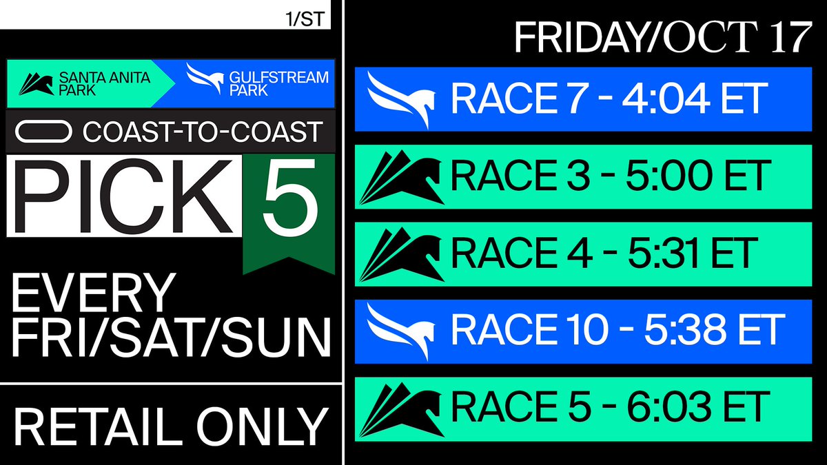 GulfstreamPark's tweet photo. This is the sequence for Friday's @1st_racing
#Coast2Coast Pick5! Races from @santaanitapark and #GulfstreamPark, $1 Minimum Wager, 15% Takeout, it's a Retail only wager! #SunshineMeet #AutumnMeet https://t.co/cN6cVMnbTW