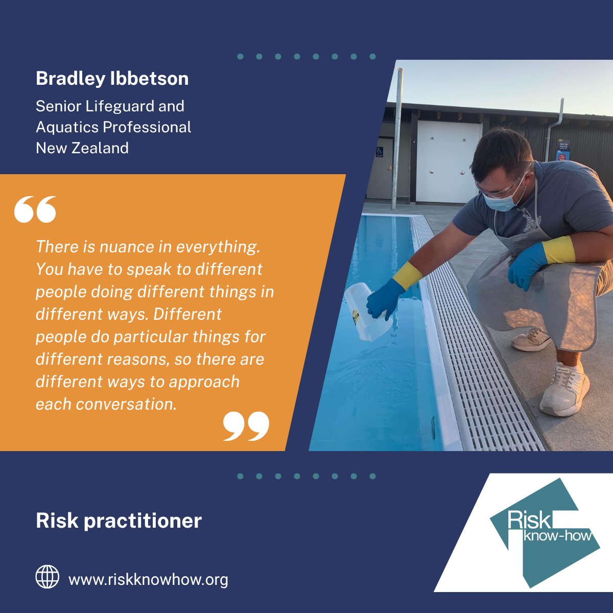Riskknowhow's tweet image. Meet Bradley Ibbetson who is the Senior Lifeguard and Aquatics Professional at Hanmer Springs Thermal Pool &amp;amp; Spa. They emphasise the importance of nuance when explaining different risks to different people. Explore their perspective here: 👉 bit.ly/4hjeBmD