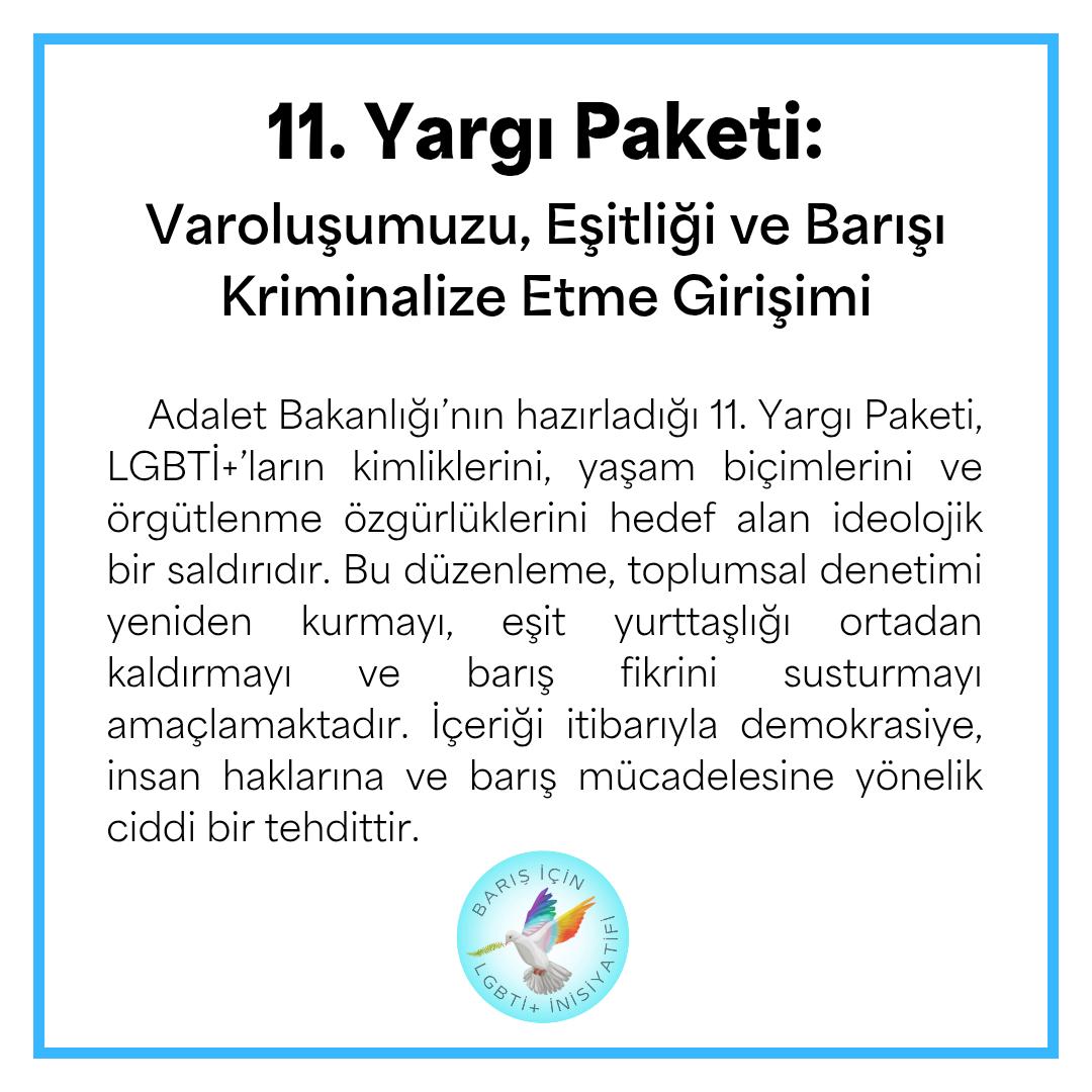barisicinlgbti's tweet photo. Kamuoyuna yansıyan 11. Yargı Paketine karşı BİL+ olarak açıklamamızdır:

"Bizler, varoluşumuzu, sevgimizi ve barış talebimizi suç sayan hiçbir yasayı tanımıyoruz. Barış, kimliğimizin yok sayılmadığı bir yaşam düzenidir. Ne kimliğimizden vazgeçeriz, ne barıştan!" https://t.co/oBFvZHXNAM