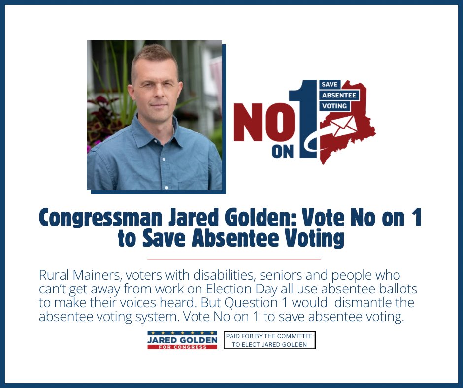 golden4congress's tweet photo. Last year, 45% of votes cast in ME were absentee ballots, including more than half of seniors in my District. 

Question 1 would dismantle absentee voting, making it harder to vote for rural Mainers, seniors, and people with multiple jobs.

Vote No on 1. Save Absentee Voting. https://t.co/iTWlYyFKTw
