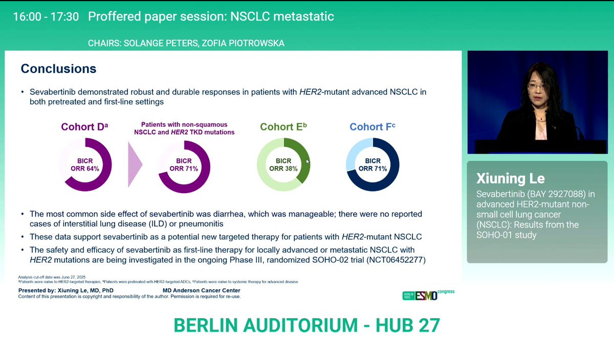 HHorinouchi's tweet image. 🔥 #ESMO25 🇩🇪
🔥 #LCSM Proffered paper, mets
☑️SOHO-01: Sevabertinib (BAY 2927088) in advanced HER2-mutant non-small cell lung cancer
☑️mPFS (PreTx w/o HER2, Pre HER2-ADC, Tx-naive): 8.3m, 5.5m, and not reached
🎙️ @LeXiuning
 @OncoAlert @myESMO @Larvol