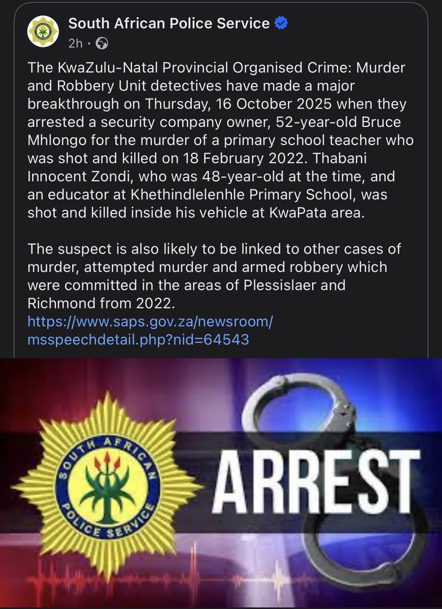 Timeless_Report's tweet image. 🚨BREAKING NEWS: Njoms Security Owner Arrested in Connection with 2022 Teacher Murder

Bruce Mhlongo, the 52-year-old owner of the popular Njoms Security Company based in Pietermaritzburg, has been arrested by the KwaZulu-Natal Provincial Organised Crime Unit in connection with…
